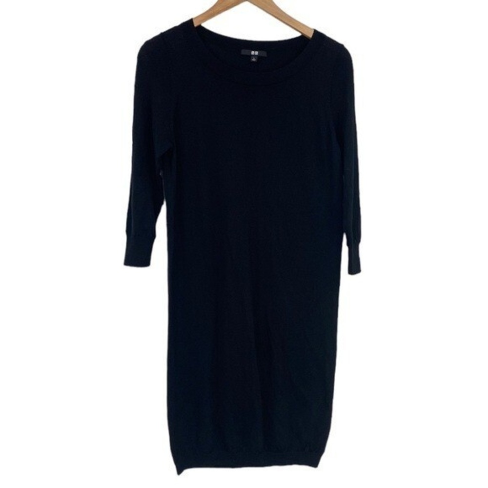 Uniqlo Sweater Dress Womens Size Large Black 100% Pure Wool 3/4 Sleeve Pullover